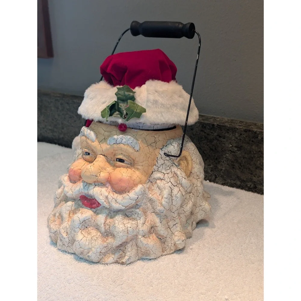 Crackling St. Nick Santa Claus Head Vintage Paper Mache Basket Bucket Handle